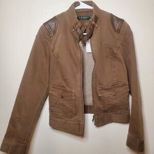 LAUREN RALPH LAUREN MS SIZE 6 DARK BROWN LEATHER TRIM FASHION DENIM JACKET